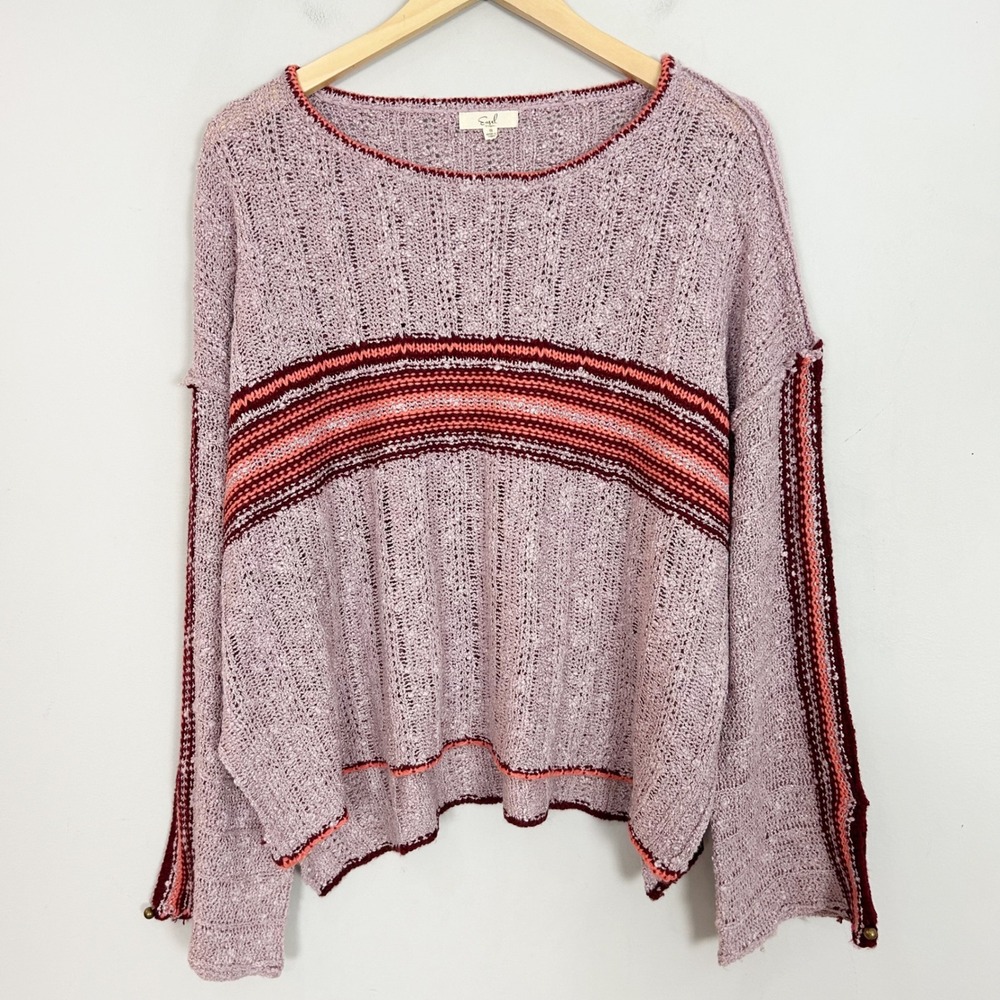 Easel Pullover Sweater Purple Burgundy Striped Knit Boxy Size Small Women's